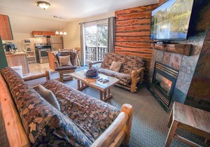 Beautiful river and mountain views prevail from this 3-bedroom, 2-bath condo. in Estes Park